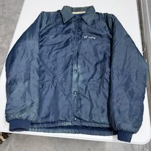 Vintage 80s nylon Jacket Navy Blue Fur Lined Snap Front Made USA